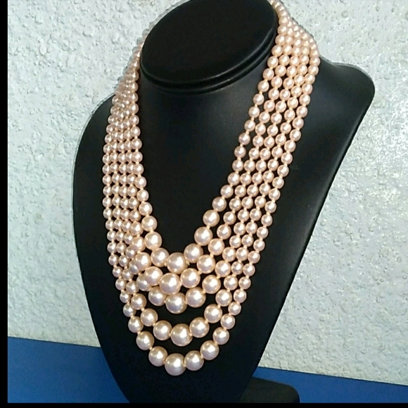 VINTAGE KJL 5-Strand Soft Pink Glass Pearl Necklace - Picture 16 of 16